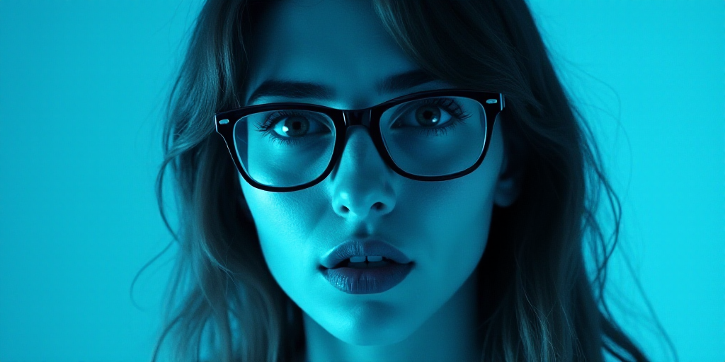 a woman with glasses standing in front of a blue background with a black and white photo of her face
