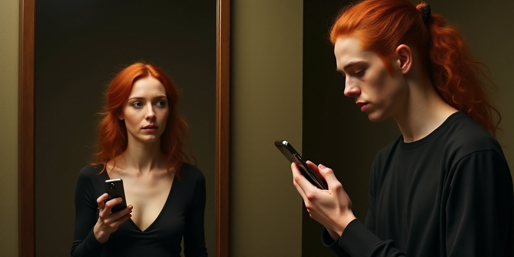 a woman with red hair is holding a cell phone and looking at her reflection in the mirror while a ma