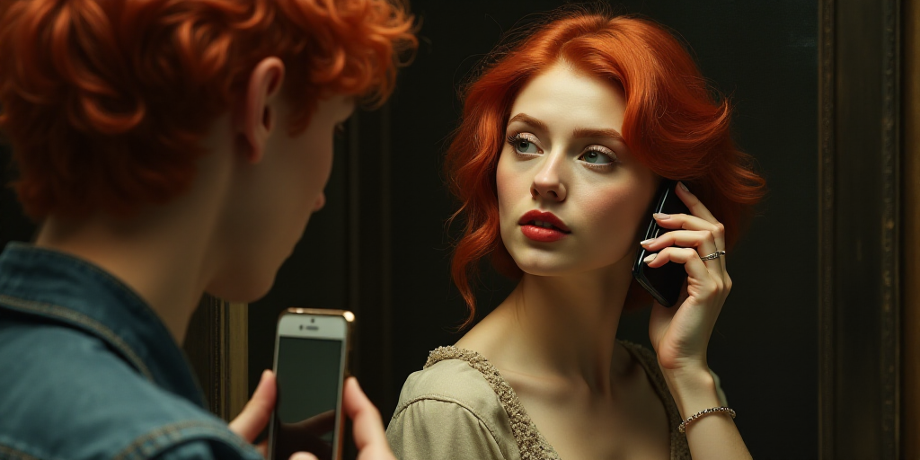 a woman with red hair is holding a cell phone and looking at her reflection in the mirror while a ma
