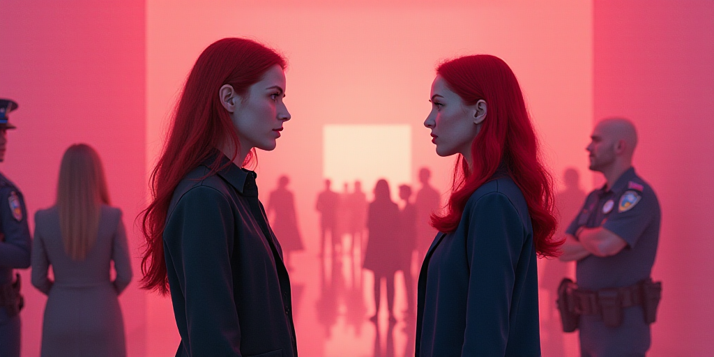 a woman with red hair talking to a police officer in a pink room with other people around her and a