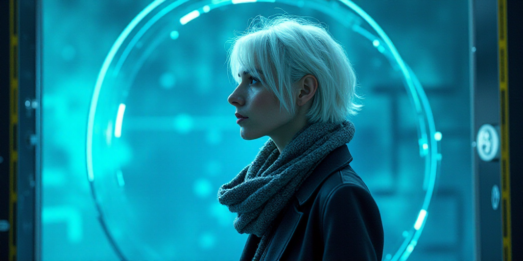 a woman with white hair and a scarf around her neck is standing in front of a blue background with a