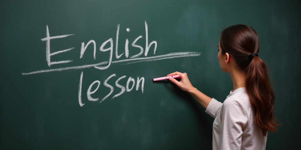 a woman writing english on a blackboard with chalk writing on it and writing english lesson on it wi