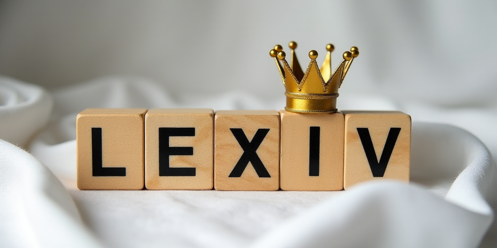a wooden block spelling the word leoxiv with a white cloth in the background and a gold crown on top