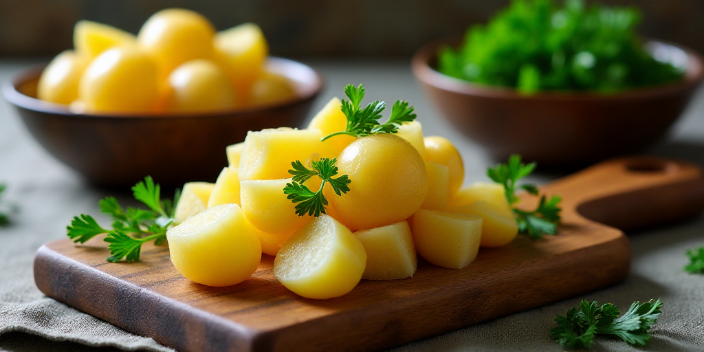 a wooden cutting board topped with potatoes and parsley next to a bowl of potatoes and a bowl of par