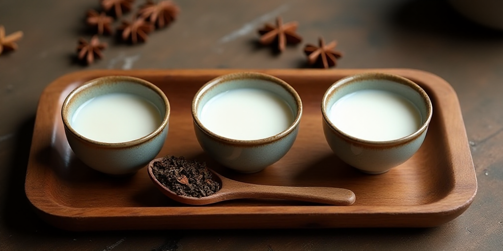a wooden tray topped with three cups of milk and a spoon filled with tea leaves and star anise, Cao
