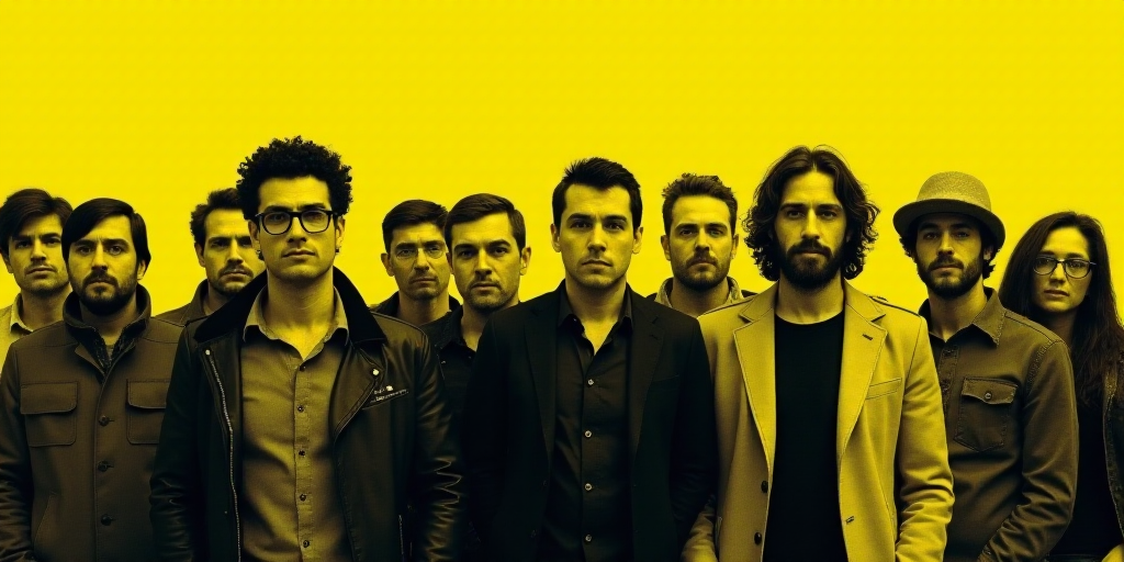 a yellow and black photo of a group of people with faces on them, and the words economia sin monoton