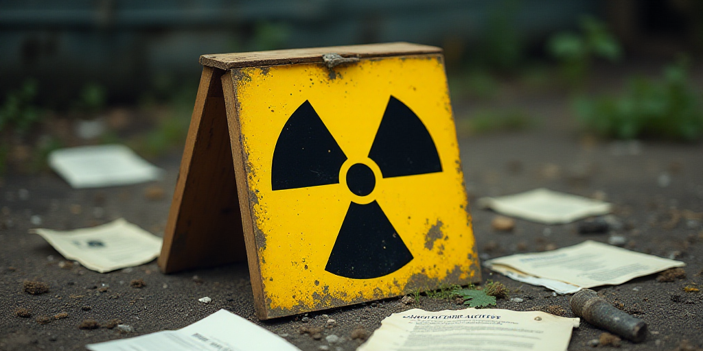 a yellow and black sign with a radioactive symbol on it and some papers scattered around it on the g