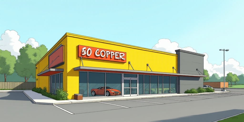 a yellow and gray building with a sign that says go copper on it's side and a parking lot in front o
