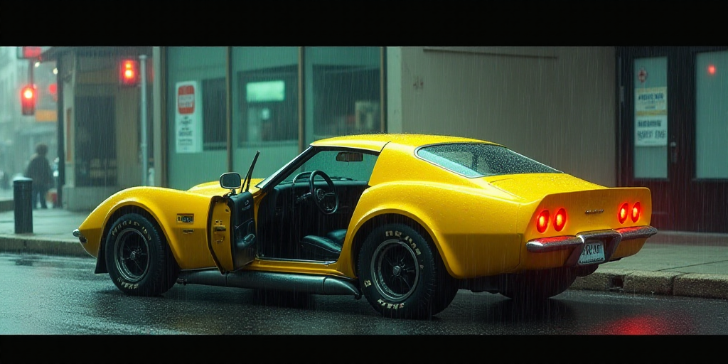 a yellow car is parked on the side of the street in the rain, with the door open and the driver insi