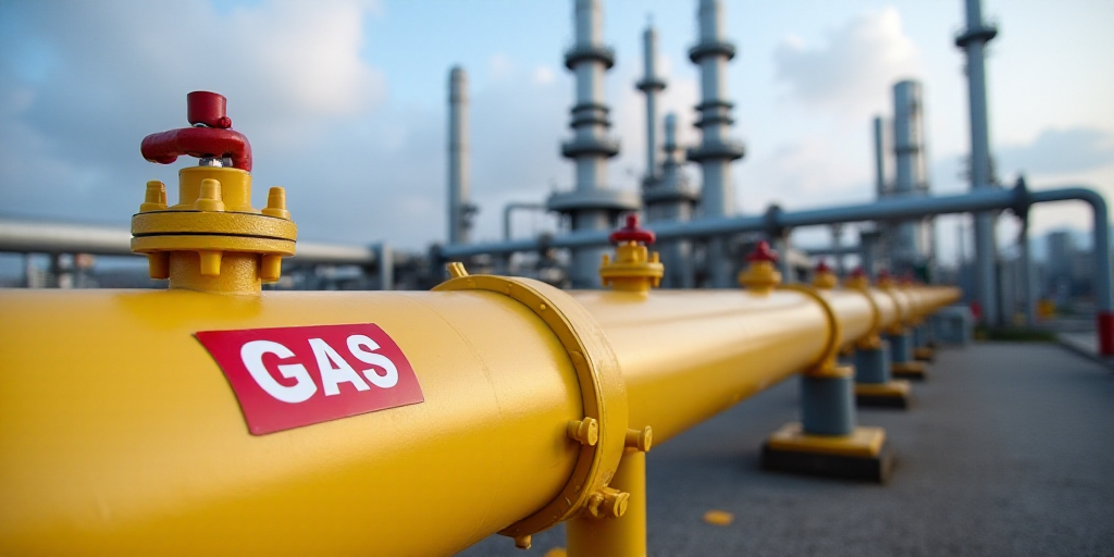 a yellow pipe is in front of a gas plant with pipes and pipes on it's sides and a red and white sign