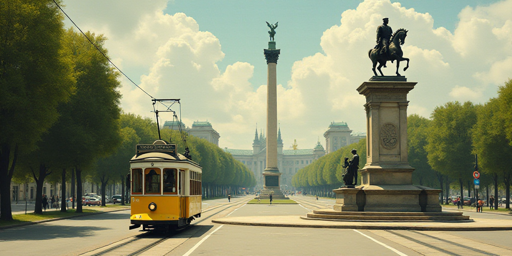a yellow trolley car traveling past a tall arch in a city park with a statue on top of it, Florence
