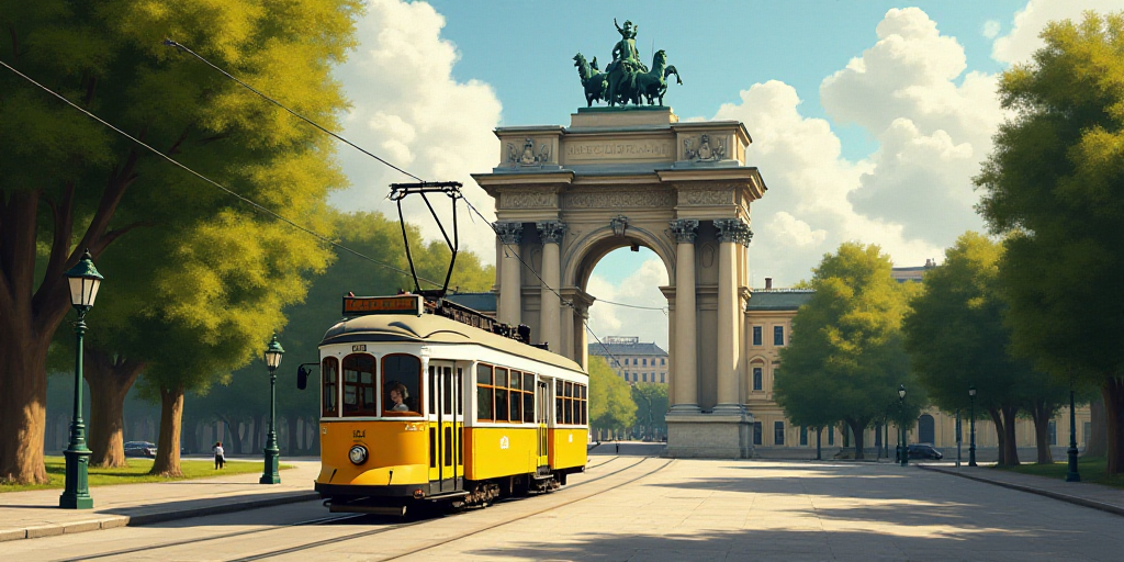 a yellow trolley car traveling past a tall arch in a city park with a statue on top of it, Florence