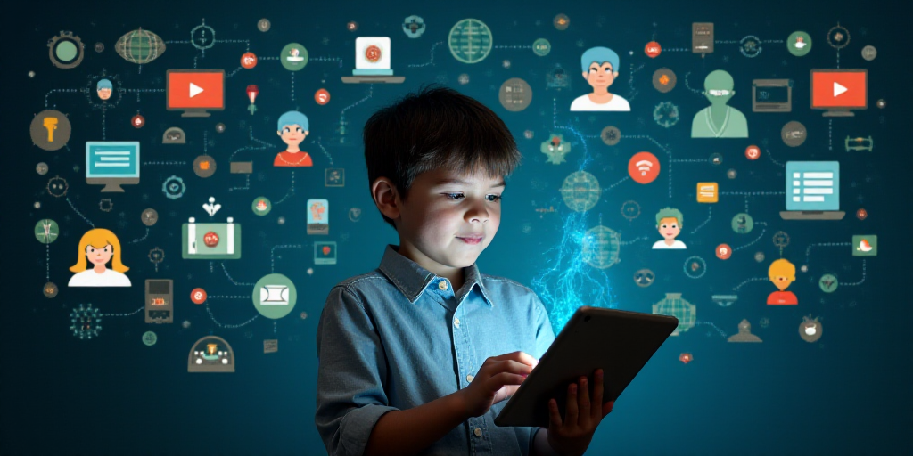 a young boy is playing with a tablet computer and surrounded by icons of various people and symbols