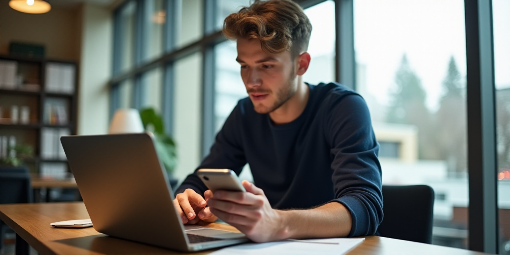 a young man sitting at a desk with a laptop and a cell phone in his hand and looking at his cell pho