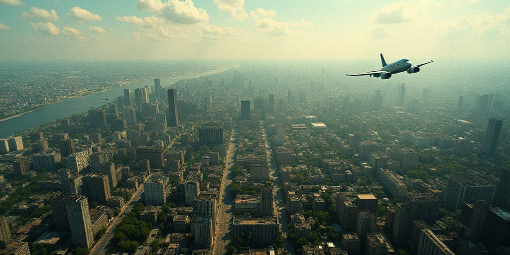 an aerial view of a city with a lot of buildings and trees in it, and a plane flying over it, Dahlov