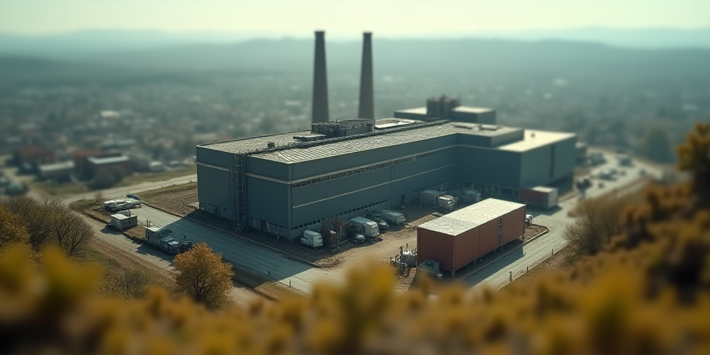 an aerial view of a factory building in a city with lots of dirt and grass in the foreground, Enguer