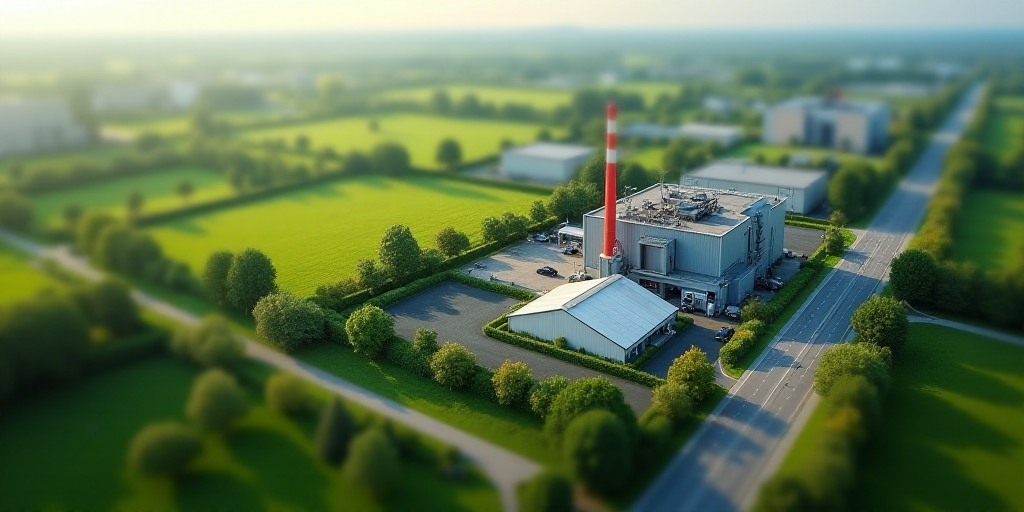 an aerial view of a factory building and a road in the foreground with a green field in the backgrou