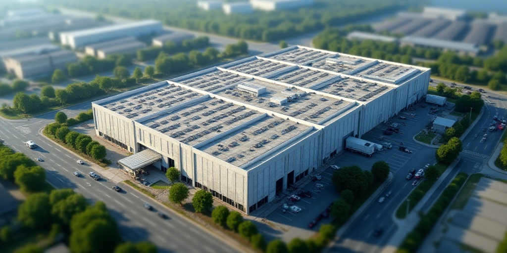 an aerial view of a large industrial building with many windows and doors on the roof of it, surroun