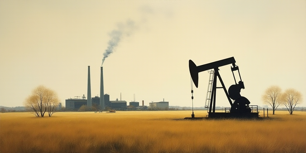 an oil pump in a field with a factory in the background and a few trees in the foreground, Clyfford