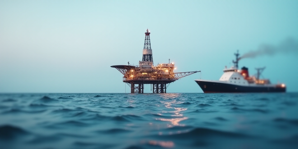 an oil rig in the middle of the ocean with a boat in the background and a boat in the water, Bascove