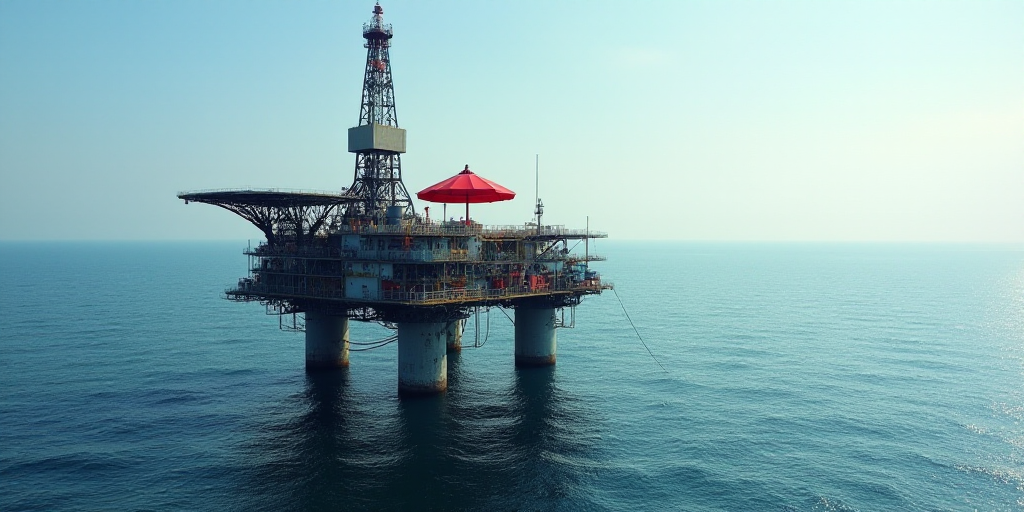 an oil rig in the middle of the ocean with a red umbrella on top of it and a red umbrella on the pla