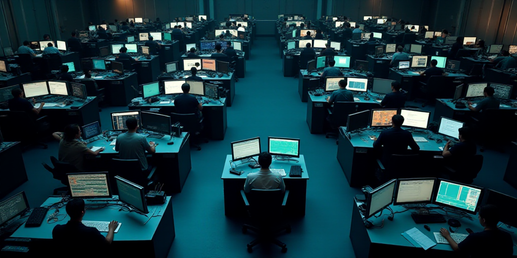 an overhead view of a stock market with a lot of monitors and people working on computers in the bac