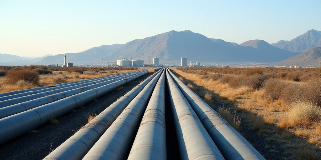 pipes are lined up in a large industrial area with a mountain in the background in the distance, wit
