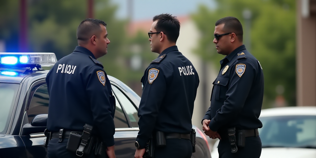 police officers standing next to a police car with a police tape on it's side and a police car behin
