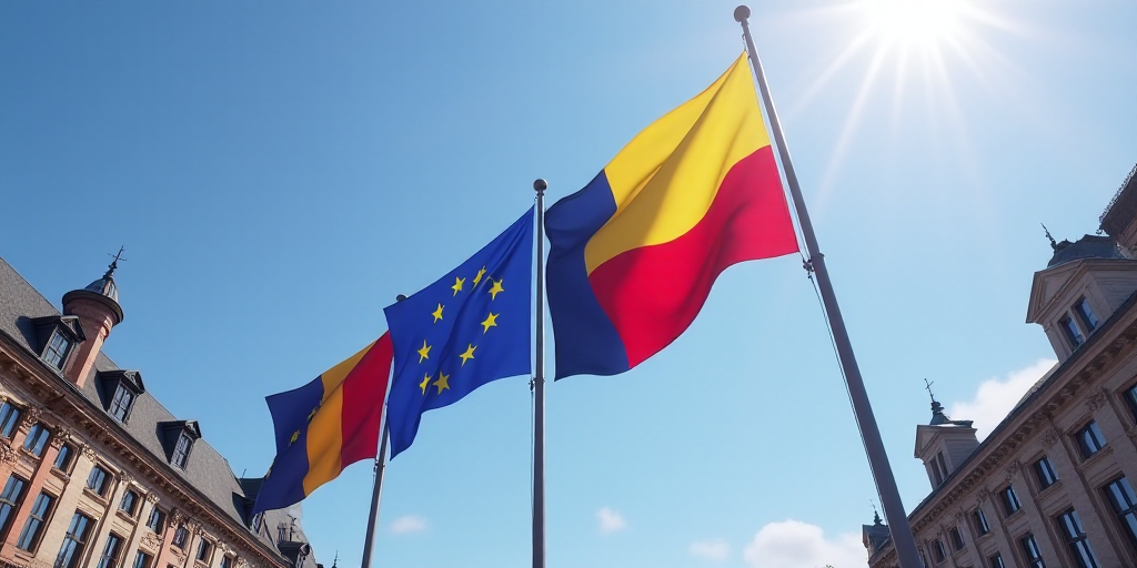 three european flags flying in front of a building with a blue sky in the background and a few other
