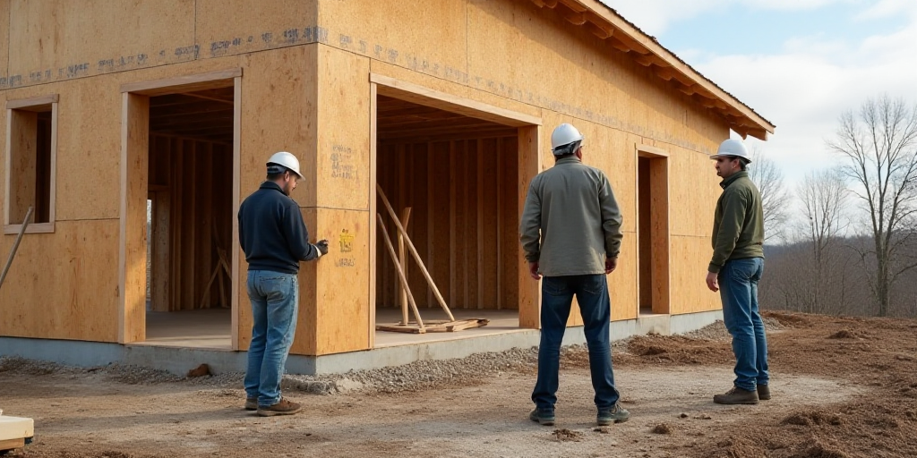 three men are working on a construction project outside of a building that is being built with wood