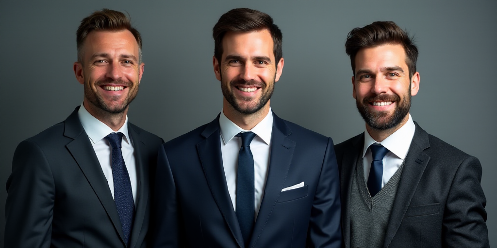 three men in suits and ties are smiling for the camera, one is wearing a sweater and the other is we