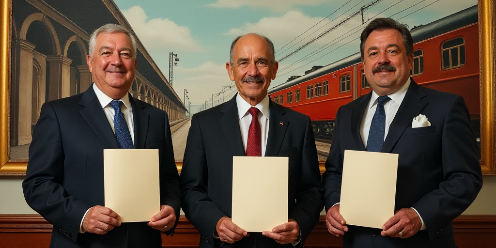 three men in suits and ties holding up papers in front of a painting of a train station with a train