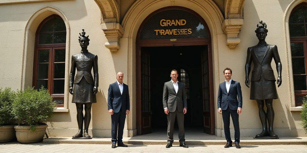 three men in suits standing in front of a building with a sign that says grand traverses on it, Bour