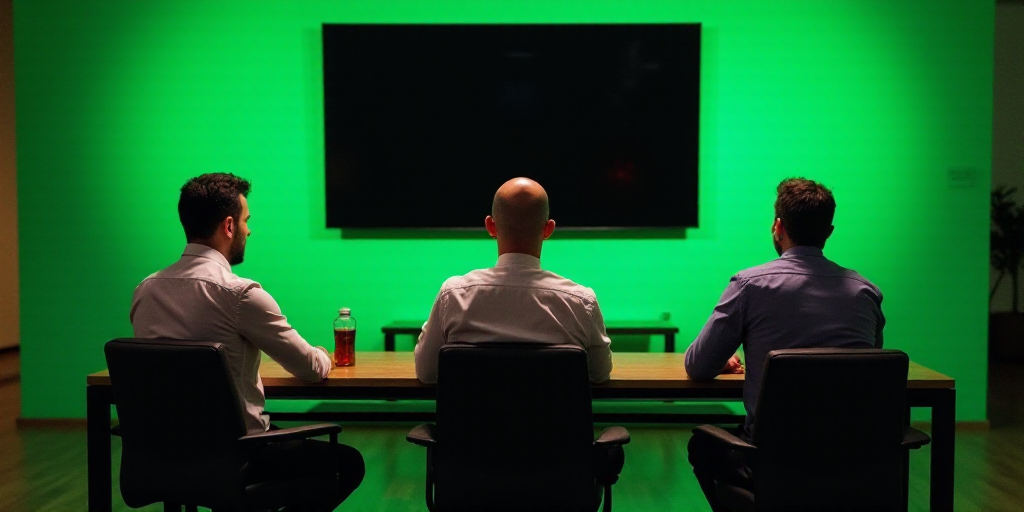 three men sitting at a table in front of a large screen tv in a room with a green wall, Andries Stoc