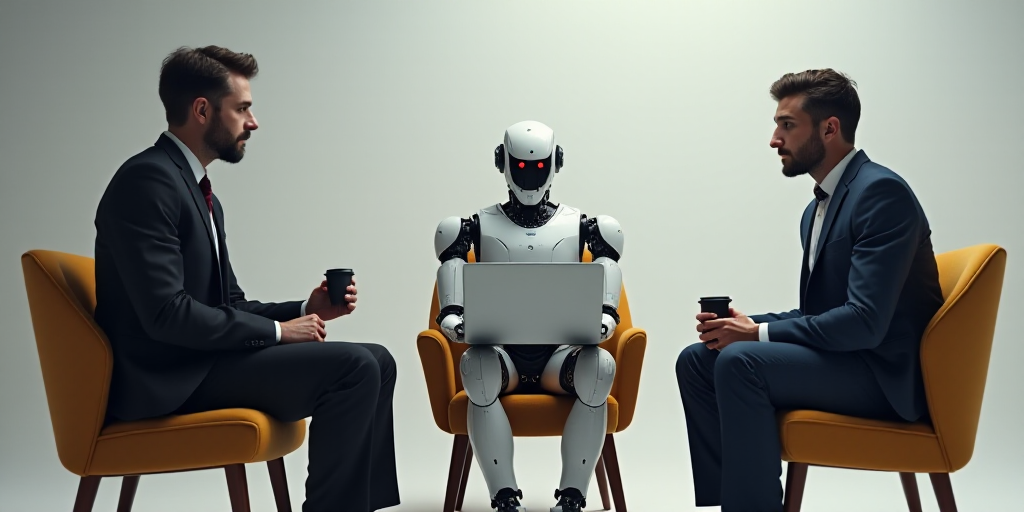 three men sitting in chairs with a robot in front of them and a laptop in front of them, both of the