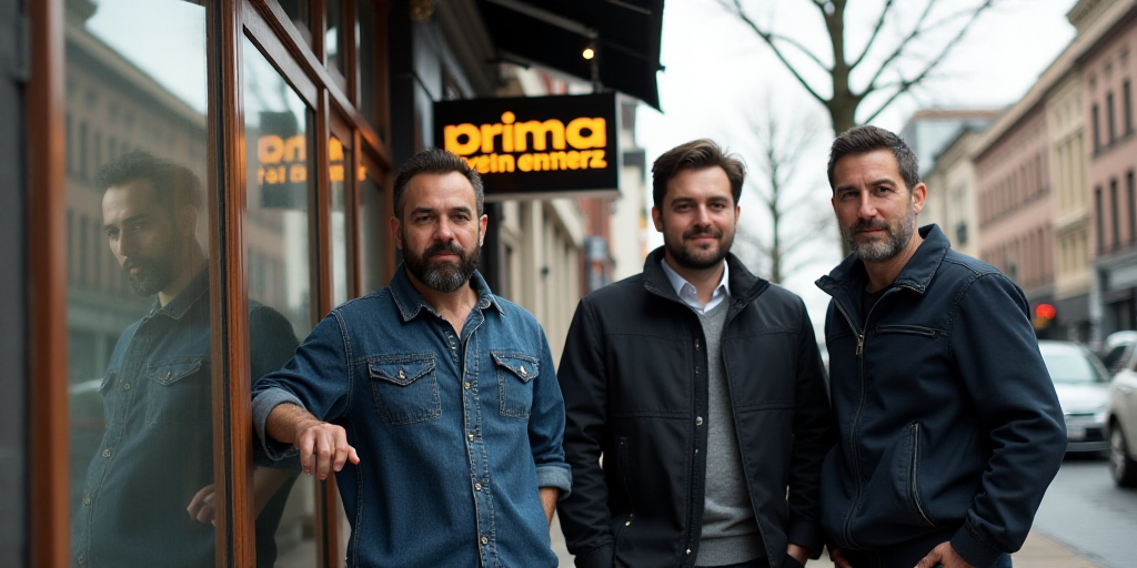 three men standing next to a sign for a business center in a city with a sign that says prima prima