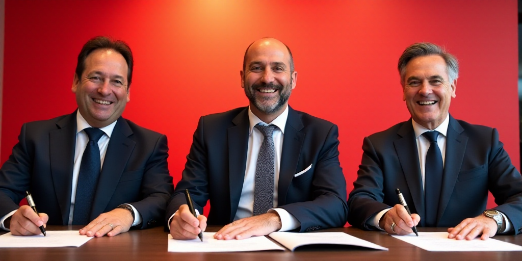 three people sitting at a table signing papers and smiling at the camera with a red banner behind th