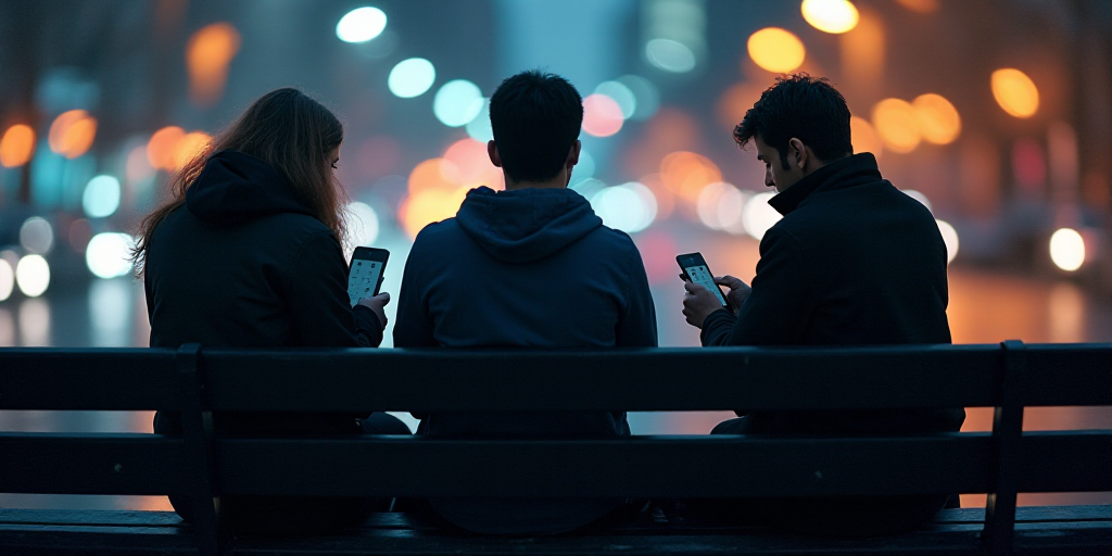 three people sitting on a bench looking at their cell phones while they are looking at their phones