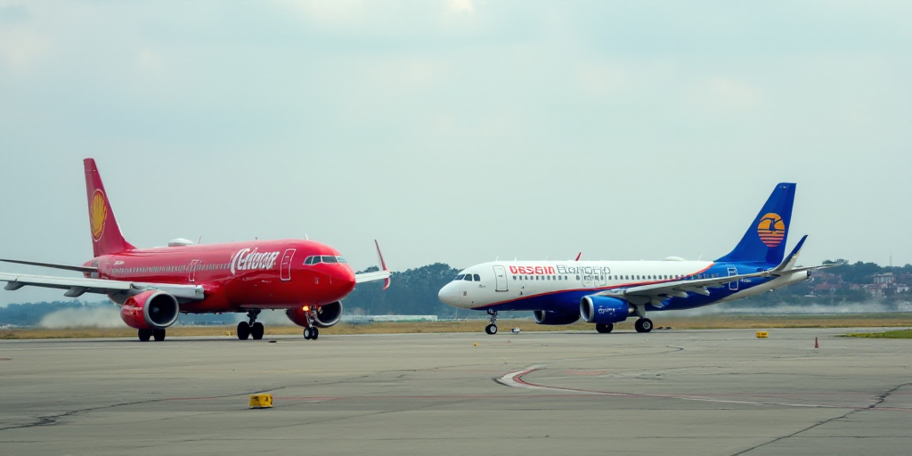 two airplanes are on the runway at the airport, one is red and the other is blue and white, Ei-Q, tu