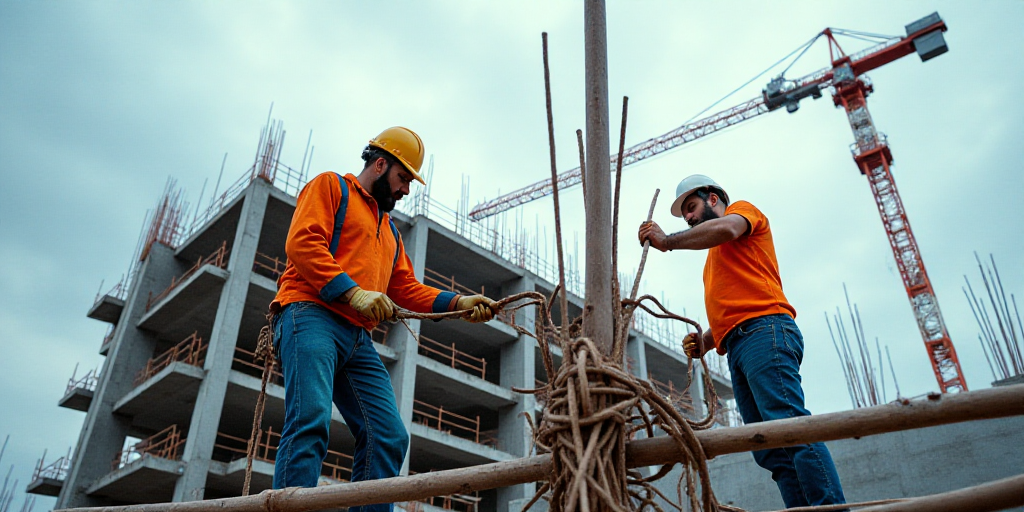 two construction workers are working on a building under construction with a crane in the background