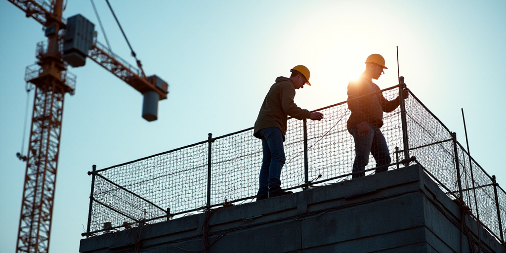 two construction workers are working on a building under construction with a crane in the background
