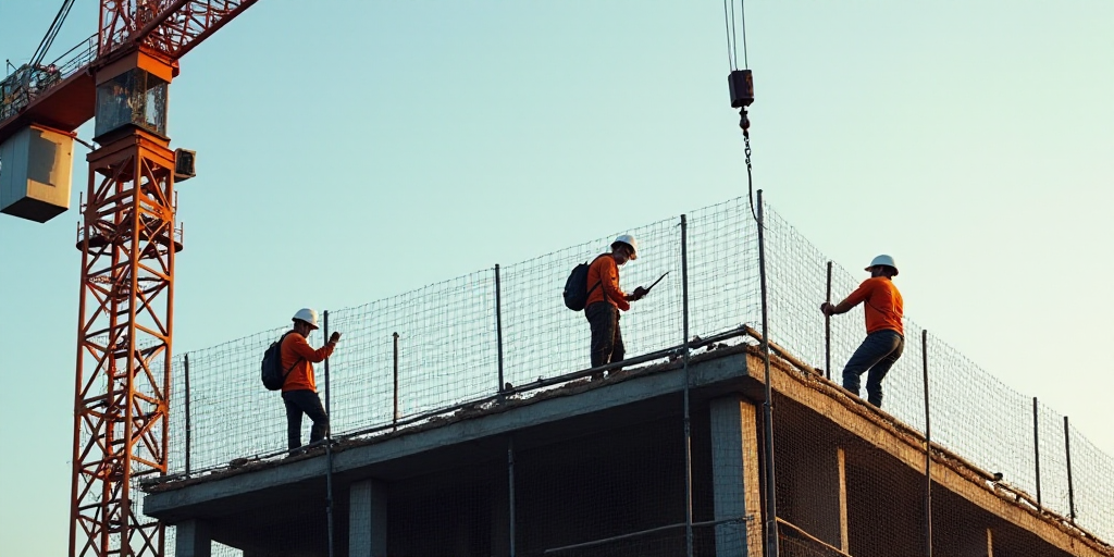 two construction workers are working on a building under construction with a crane in the background