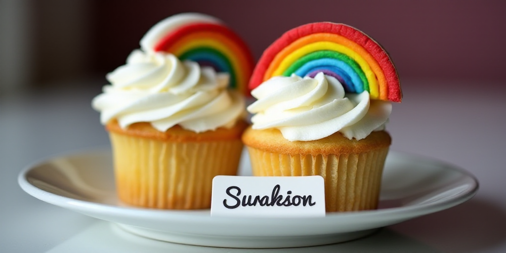two cupcakes with white frosting and a rainbow topper on a plate with a name tag, Florianne Becker,