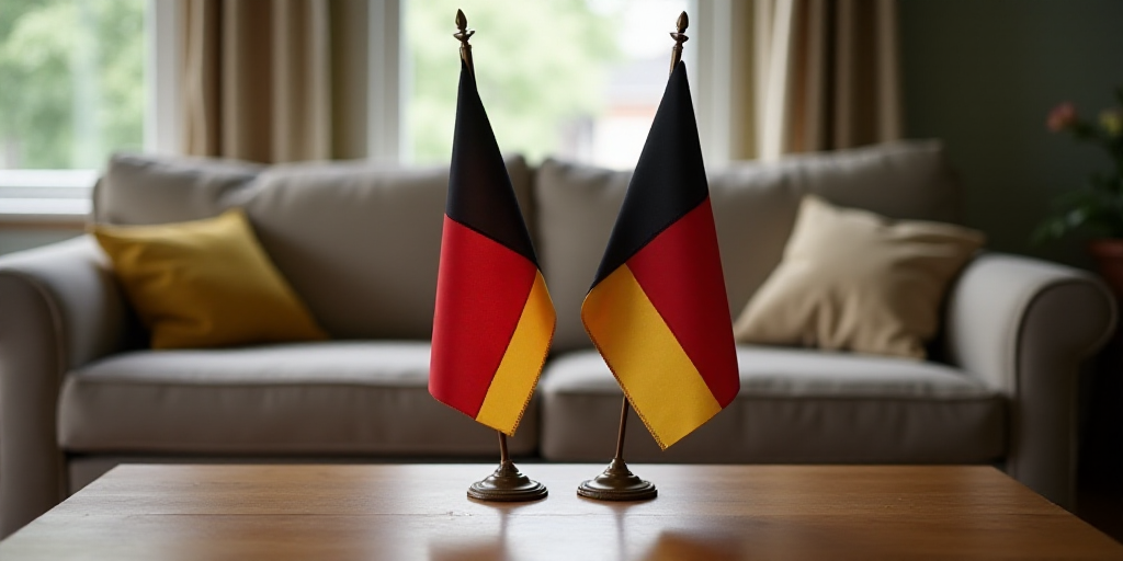 two flags are placed on a table in front of a couch and a coffee table with a couch behind it, Brend