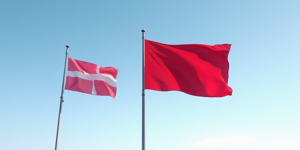 two flags flying in the wind on a clear day with a blue sky in the background and a red one in the f