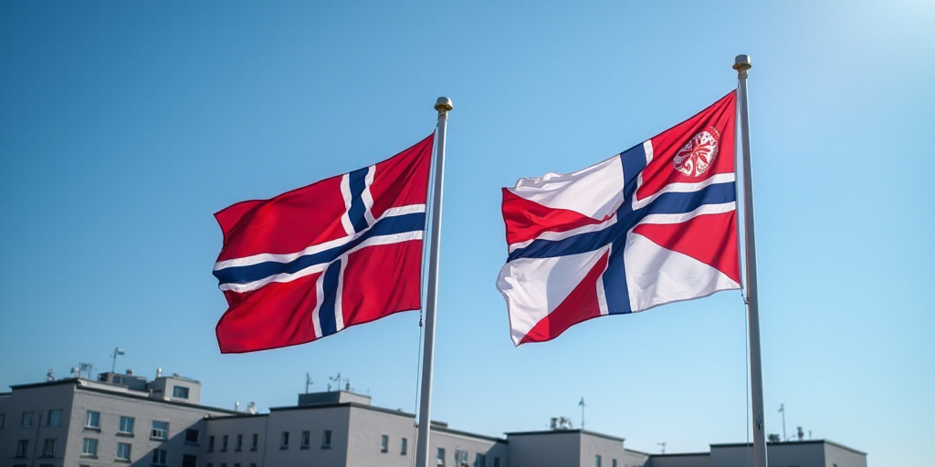 two flags flying in the wind on a sunny day with a building in the background and a blue sky, Erik O