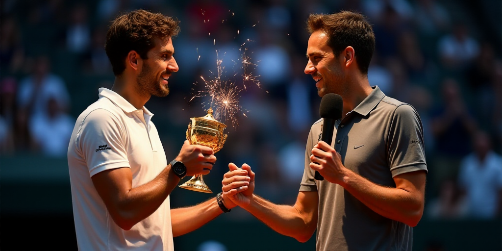 two men are shaking hands while one holds a trophy in his hand and the other holds a microphone in h