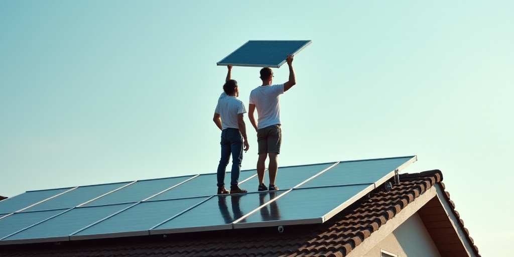 two men are standing on a roof with solar panels on it and one man is holding a panel up to the roof