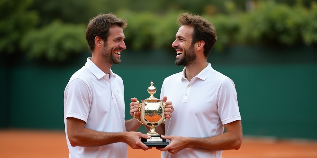 two men holding a trophy and laughing at the camera while standing next to each other on a tennis co