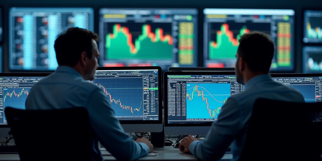 two men in a trading room looking at monitors and a phone screen with a stock market trader on it, D